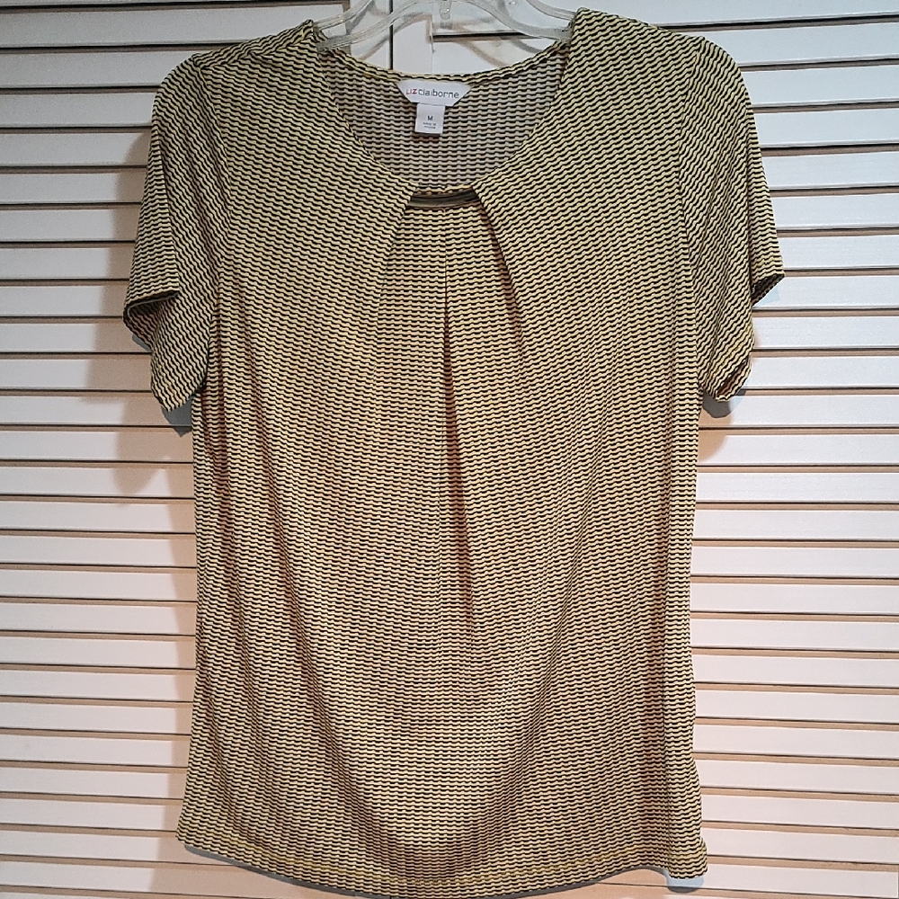 Liz Claiborne Top - Yellow Black Wave Pattern W Metal Neckline Accent PTP 22.5